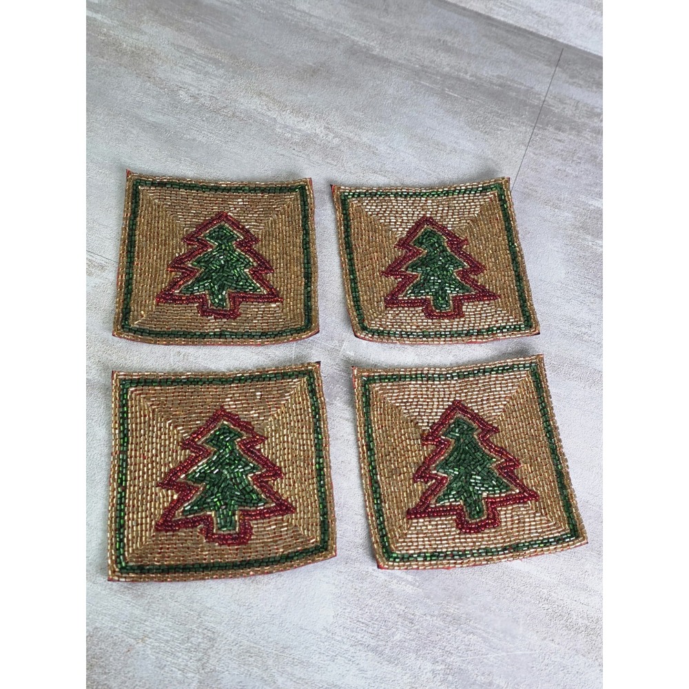 4 Festive handcrafted glass beaded drink coaster Green & red Christmas tree